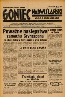 Goniec Nadwiślański: Głos Pomorski: Niezależne pismo poranne, poświęcone sprawom stanu średniego 1938.11.09 R.14 Nr258