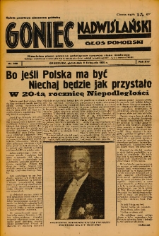 Goniec Nadwiślański: Głos Pomorski: Niezależne pismo poranne, poświęcone sprawom stanu średniego 1938.11.11 R.14 Nr260