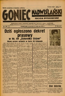 Goniec Nadwiślański: Głos Pomorski: Niezależne pismo poranne, poświęcone sprawom stanu średniego 1938.11.23 R.14 Nr270