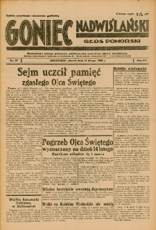 Goniec Nadwiślański: Głos Pomorski: Niezależne pismo poranne, poświęcone sprawom stanu średniego 1939.02.14 R.15 Nr37
