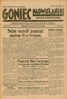 Goniec Nadwiślański: Głos Pomorski: Niezależne pismo poranne, poświęcone sprawom stanu średniego 1939.02.14 R.15 Nr37