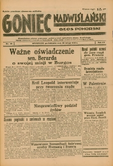 Goniec Nadwiślański: Głos Pomorski: Niezależne pismo poranne, poświęcone sprawom stanu średniego 1939.02.20 R.15 Nr42