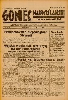 Goniec Nadwiślański: Głos Pomorski: Niezależne pismo poranne, poświęcone sprawom stanu średniego 1939.03.15 R.15 Nr62