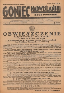Goniec Nadwiślański: Głos Pomorski: Niezależne pismo poranne, poświęcone sprawom stanu średniego 1939.04.04 R.15 Nr79