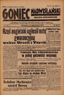 Goniec Nadwiślański: Głos Pomorski: Niezależne pismo poranne, poświęcone sprawom stanu średniego 1939.04.12 R.15 Nr85