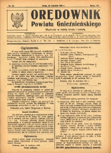 Orędownik Powiatu Gnieźnieńskiego: wychodzi w każdą środę i sobotę 1921.04.20 R.70 Nr32