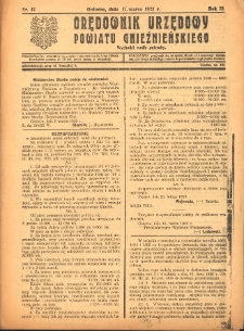 Orędownik Urzędowy Powiatu Gnieźnieńskiego: wychodzi wedle potrzeby 1923.03.17 R.72 Nr17
