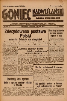 Goniec Nadwiślański: Głos Pomorski: Niezależne pismo poranne, poświęcone sprawom stanu średniego 1939.08.08 R.15 Nr181
