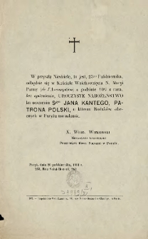 [Zawiadomienie Inc.:] " W przyszłą niedzielę, to jest 23go Października, odbędzie się w Kościele Wniebowzięcia N. Maryi Panny ..."