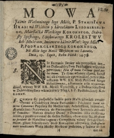 Mowa [...] Stanisława [...] Lubomirskiego [...] dźiękuiącego Krolestwu Ich Mośćiom, imieniem [...] podkanclerzego koronnego, na akćie Iego Mośći weselnym we Lwowie dnia, 19 lipca, roku [...] 1678