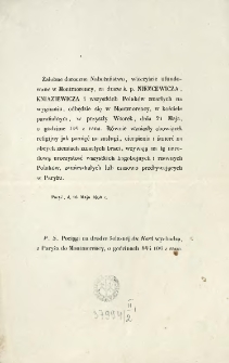 [Zawiadomienie Inc.:] " Żałobne doroczne Nabożeństwo, wieczyście ufundowane w Montmorency, za duszę ś.p. Niemcewicza, Kniaziewicza ..."