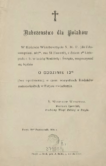 Nabożeństwo dla Polak&oacute;w [Zawiadomienie Inc.] " W Kościele Wniebowzięcia N.M.P. ..."