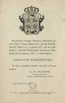 [Zaproszenie Inc.:] " Ku uczczeniu Świętego Kazimierza, kr&oacute;lewicza i patrona Polski i Litwy ..."