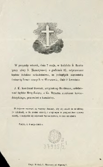 [Zawiadomienie Inc.:] " W przyszły wtorek, dnia 7 maja, w kościele Ś. Rocha (przy ulicy Ś. Honoryusza), o godzinie 12, odprawione będzie żałobne nabożeństwo ..."