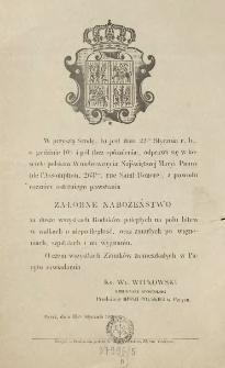 [Zawiadomienie Inc.:] " W przyszłą Środę, to jest dnia 22go Stycznia r. b., o godzinie 10ej i p&oacute;ł (bez op&oacute;źnienia), odprawi się w kościele polskim ..."