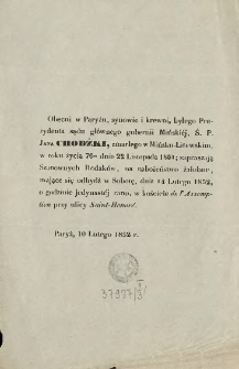 [Zawiadomienie Inc.:] " Obecni w Paryżu, synowie i krewni, byłego Prezydenta sądu gł&oacute;wnego gubernii Mińskiej, ś. p. Jana Chodźki ..."