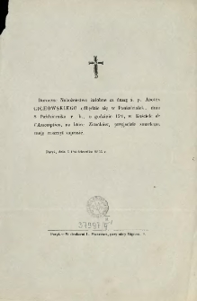 [Zawiadomienie Inc.:] " Doroczne Nabożeństwo za duszę ś. p. Adolfa Cichowskiego odbędzie się w poniedziałek ..."