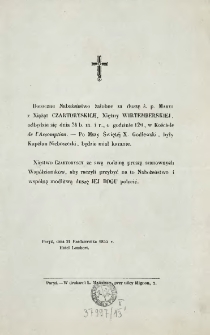[Zawiadomienie Inc.:] " Doroczne nabożeństwo żałobne za duszę ś. p. Maryi z Xiążąt czartoryskich, Xiężny Wirtemberskiej ..."