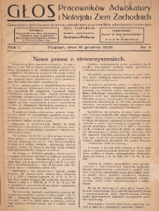 Głos Pracownik&oacute;w Adwokatury i Notarjatu Ziem Zachodnich: czasopismo poświęcone sprawom zawodowym pracownik&oacute;w adwokatury i notarjatu Ziem Zachodnich 1932.12.15 R.1 Nr4