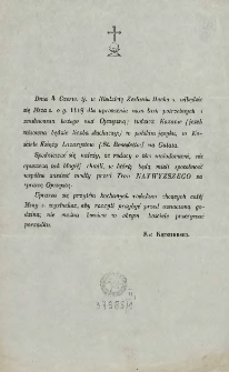 [Zawiadomienie Inc.:] "Dnia 4 Czerw. tj. w Niedzielę Zesłania Ducha ..."