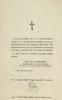 [Zawiadomienie Inc.:] " W przyszłą Niedzielę, 11go b. m. w Kościele Wniebowzięcia N. M. P. ..."