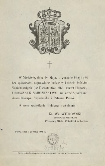 [Zawiadomienie Inc.:] " W niedzielę, dnia 9go Maja, o godzinie 10-ej i p&oacute;ł bez op&oacute;źnienia, odprawiane będzie w kościele ..."