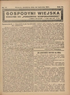 Gospodyni Wiejska: dodatek do „Poradnika Gospodarskiego” 1921.04.24 R.6 Nr17