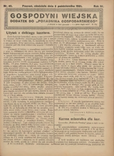 Gospodyni Wiejska: dodatek do „Poradnika Gospodarskiego” 1921.10.02 R.6 Nr40