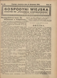 Gospodyni Wiejska: dodatek do „Poradnika Gospodarskiego” 1921.11.13 R.6 Nr46