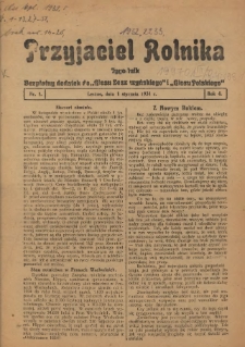 Przyjaciel Rolnika: bezpłatny dodatek do Głosu Leszczyńskiego i Głosu Polskiego 1931.01.01 R.4 Nr1