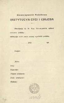 Stowarzyszenie Podatkowe Instytucya Czci i Chleba [Zobowiązanie Inc.:] " Obowiązuję się do Kasy Stowarzyszenia opłacać corocznie podatku ..."