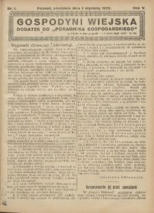 Gospodyni Wiejska: dodatek do „Poradnika Gospodarskiego” 1922.01.01 R.5 Nr1
