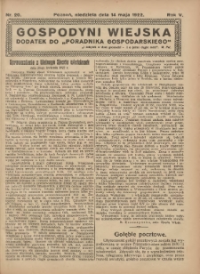 Gospodyni Wiejska: dodatek do „Poradnika Gospodarskiego” 1922.05.14 R.5 Nr20