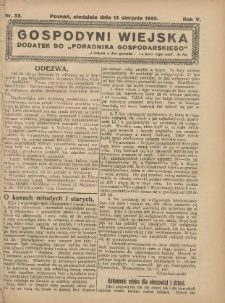 Gospodyni Wiejska: dodatek do „Poradnika Gospodarskiego” 1922.08.13 R.5 Nr33