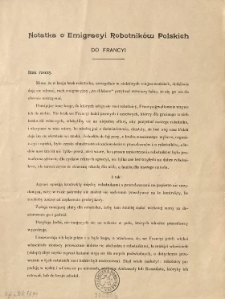 Notatka o Emigracyi Robotnik&oacute;w Polskich do Francyi