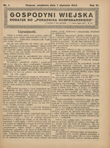 Gospodyni Wiejska: dodatek do „Poradnika Gospodarskiego” 1923.01.07 R.6 Nr1