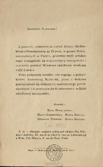 Szanowna Rodaczko [Odezwa Inc.:] " Z powodu przeniesienia zwłok Adama Mickiewicza z Montmorency na Wawel ...
