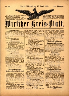 Wirsitzer Kreis-Blatt: herausgegeben vom K&ouml;niglichen Landraths-Amte 1898.04.13 Jg.54 Nr29