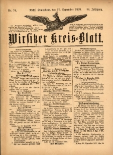 Wirsitzer Kreis-Blatt: herausgegeben vom K&ouml;niglichen Landraths-Amte 1898.09.17 Jg.54 Nr74