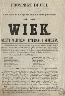 Wiek : gazeta polityczna, literacka i sp&oacute;łeczna . 1873 Prospekt