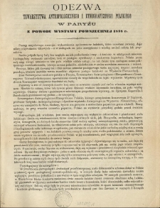 Odezwa Towarzystwa Antropologicznego i Etnograficznego Polskiego w Paryżu z powodu wystawy powszechnej 1878 r.