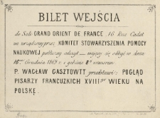 Bilet wejścia do Sali Grand Orient de France, 16 Rue Cadet na urządzony przez Komitet Stowarzyszenia Pomocy Naukowej publiczny odczyt [...]