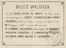 Bilet wejścia do Sali Grand Orient de France, 16 Rue Cadet na urządzony przez Komitet Stowarzyszenia Pomocy Naukowej publiczny odczyt [...]