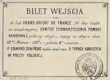 Bilet wejścia do Sali Grand Orient de France, 16 Rue Cadet na urządzony przez Komitet Stowarzyszenia Pomocy Naukowej publiczny odczyt [...]