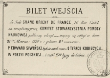 Bilet wejścia do Sali Grand Orient de France, 16 Rue Cadet na urządzony przez Komitet Stowarzyszenia Pomocy Naukowej publiczny odczyt [...]