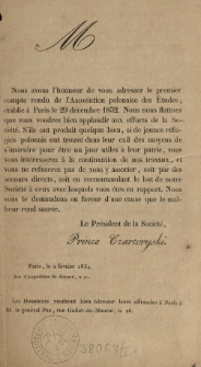 [Odezwa Inc.:] "M, nous avons l'honneur de vous adresser le premier compte rendu ..."