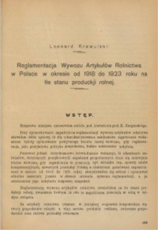 Reglamentacja wywozu artykułów rolnictwa w Polsce w okresie od 1918 do 1923 roku na tle stanu produkcji rolnej