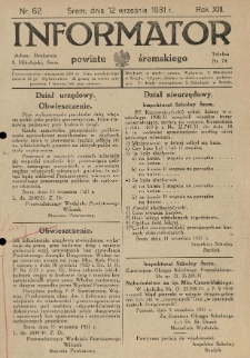 Informator Powiatu Śremskiego. 1931.09.12 R.13 Nr 62