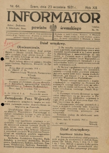 Informator Powiatu Śremskiego. 1931.09.23 R.13 Nr 64