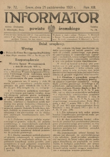 Informator Powiatu Śremskiego. 1931.10.21 R.13 Nr 72